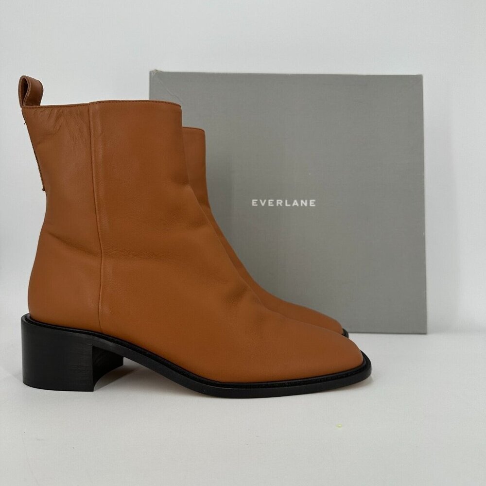 Everlane The City Boot Desert Tan Leather sz 8 Women's Side Zip Block Heel Ankle